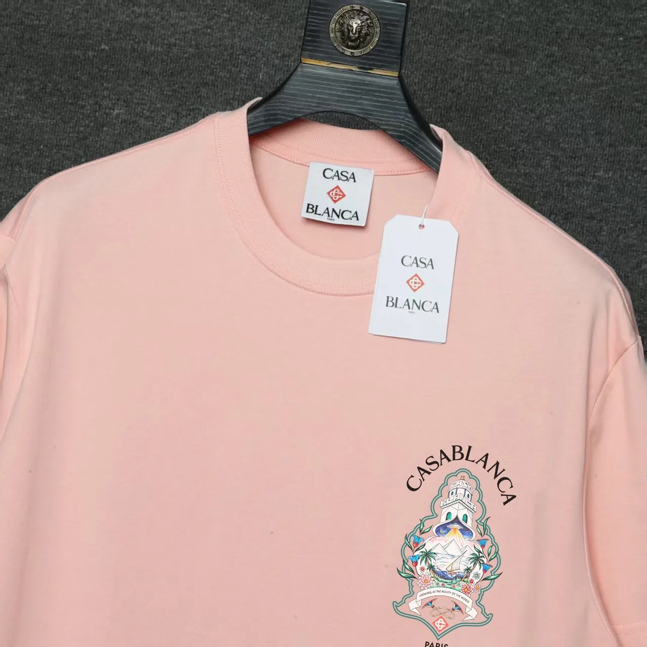 26ss CASABLANCA original printing process short-sleeved T-shirt original development using high-density double yarn pure cotton fabric upper body soft and comfortable color Black White Dark Green color Orange Pink Blue Royal Blue color cigarette powder 8 colors Sizes S M L XL